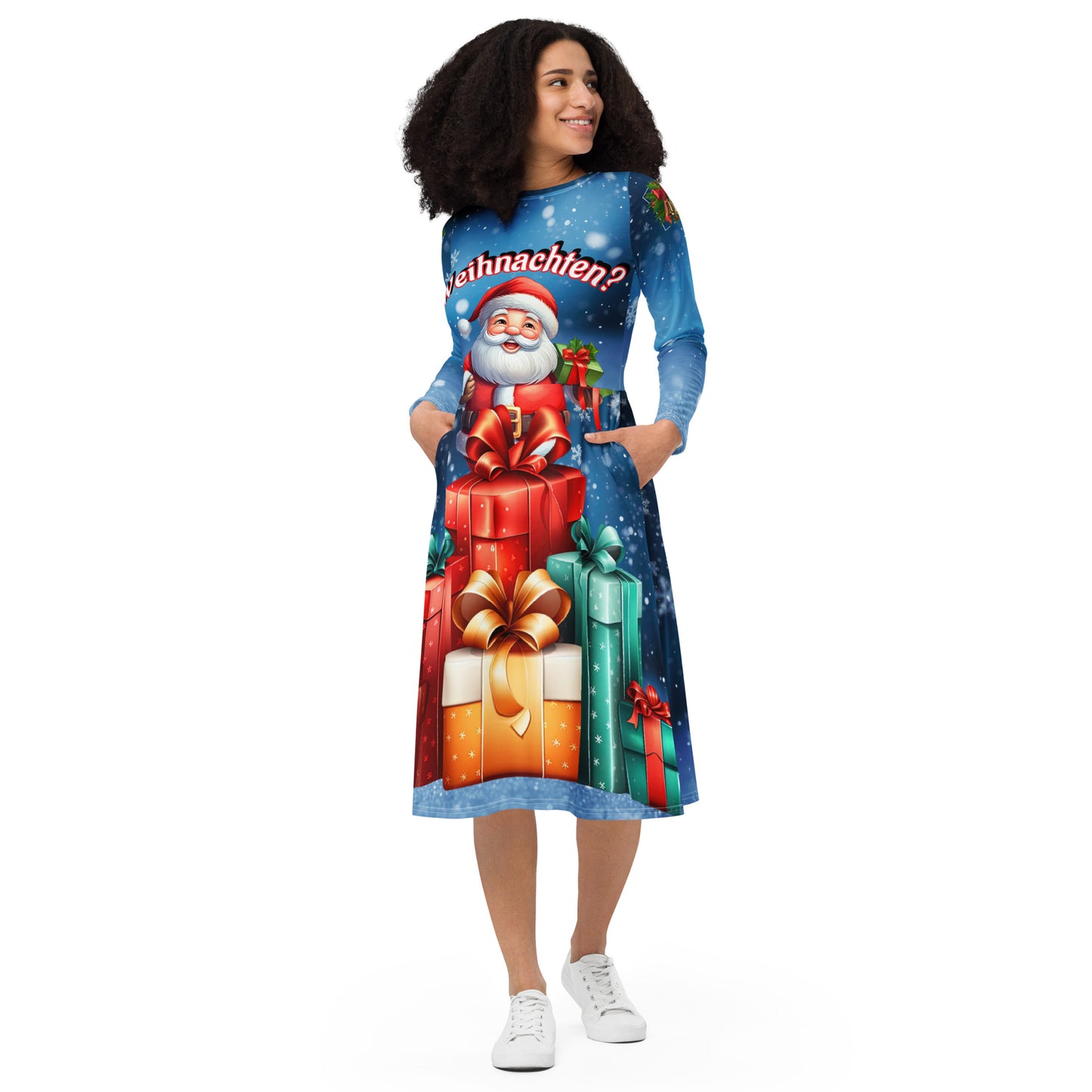 Weihnachten Langärmliges Midikleid mit Allover-Druck