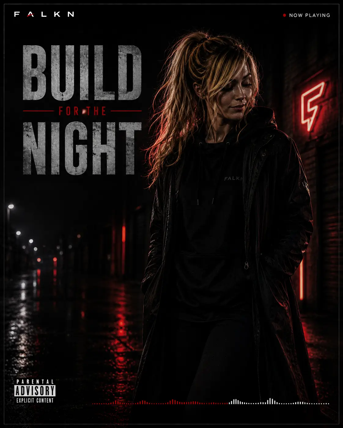 FALKN Build For The Night Cover mit Frau im schwarzen Hoodie in einer nächtlichen Straße mit roten Neonlichtern und urbaner After Hours Atmosphäre