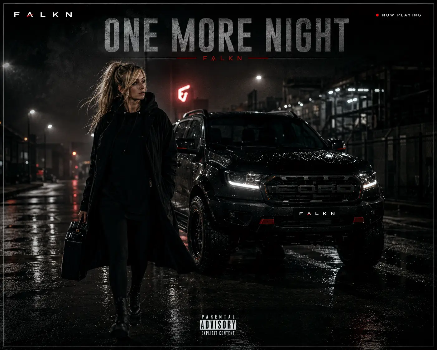 FALKN After Hours One More Night Cover mit Frau im schwarzen Hoodie vor Pickup Truck bei Nacht in urbaner Atmosphäre