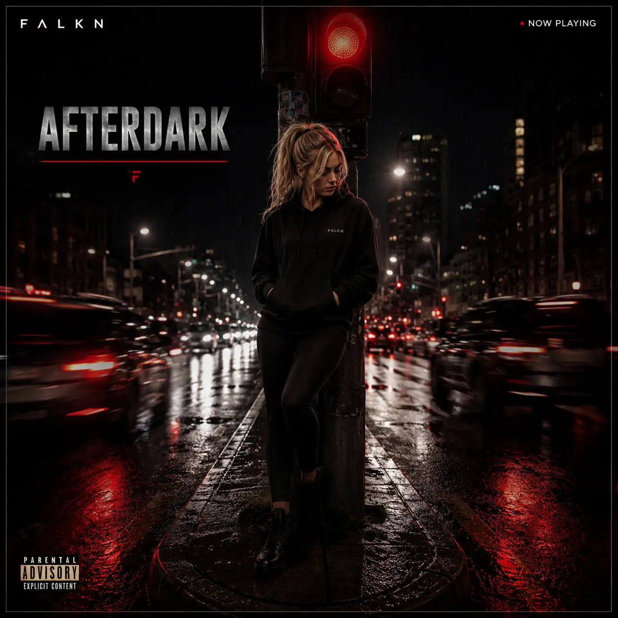 FALKN Feelings After Hours Cover mit Frau im schwarzen Hoodie vor nächtlicher Skyline und Pickup Truck in urbaner Atmosphäre