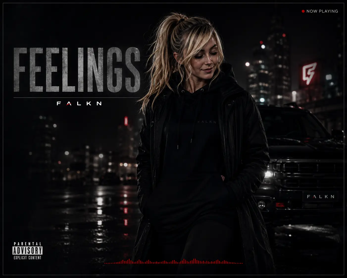 FALKN Feelings Cover mit Frau im schwarzen Hoodie bei Nacht vor urbaner Skyline und Pickup Truck in dunkler After Hours Atmosphäre