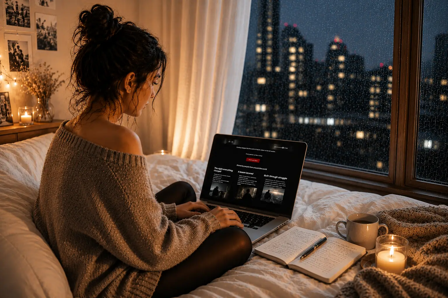 Besucherin entdeckt FALKN am Abend auf ihrem Laptop und liest persönliche Geschichten in einer gemütlichen Atmosphäre bei Regen