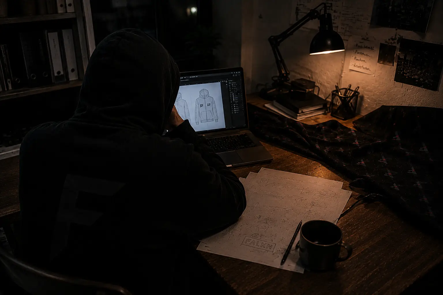 Entwicklung des ersten FALKN Premium Oversized Hoodies mit Designentwürfen, Schnittmustern und Stoffauswahl bei Nacht