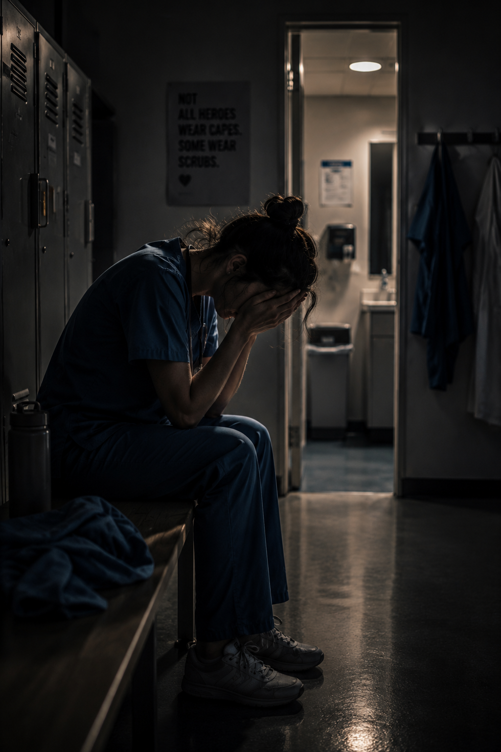 Exhausted healthcare worker sitting alone in a hospital locker room after a long shift, symbolizing resilience, responsibility and the hidden battles of everyday heroes.