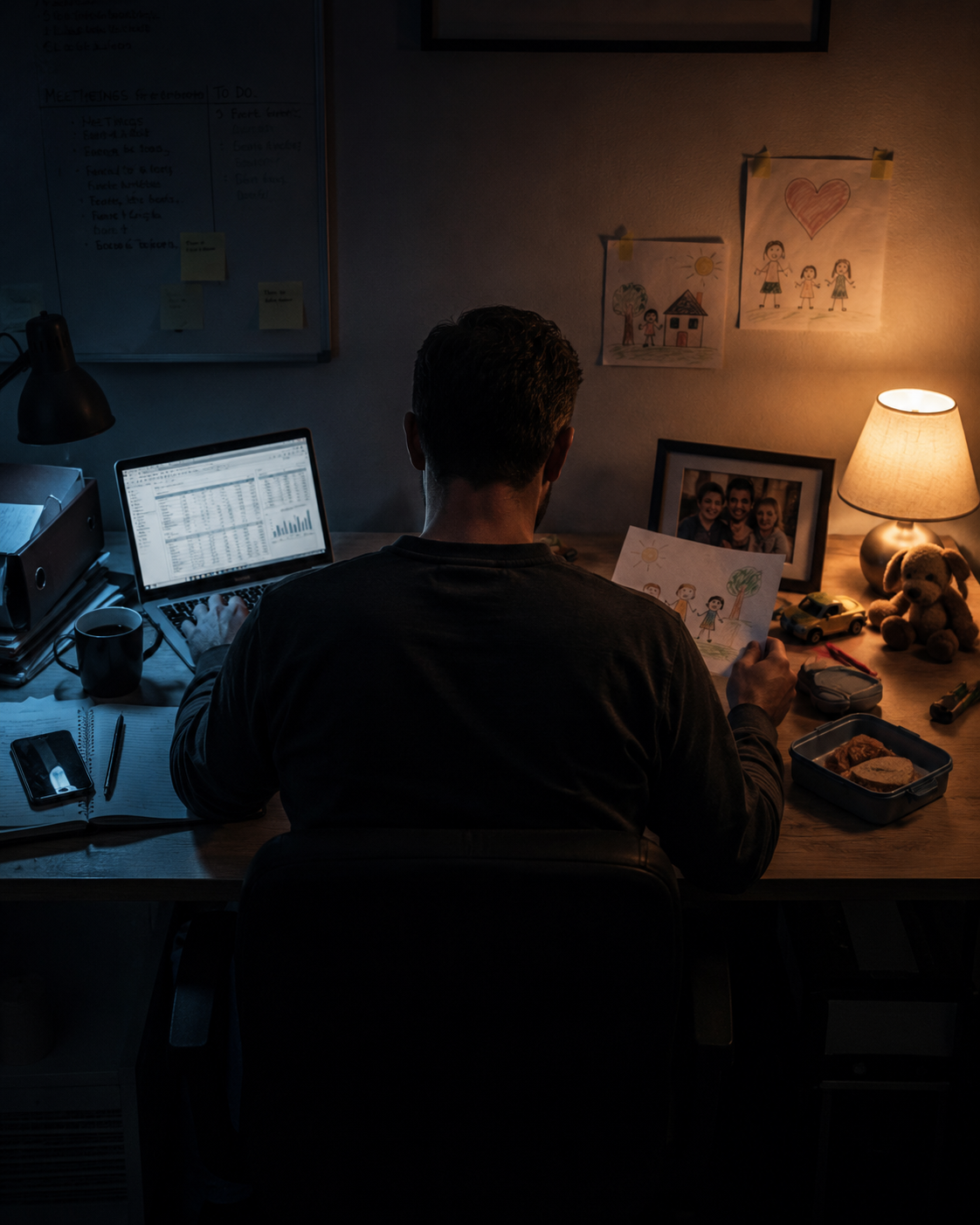 Man sitting at a desk between work and family life, sybmbolizing the duality of responsibility and personal life. Two worlds, one person.
