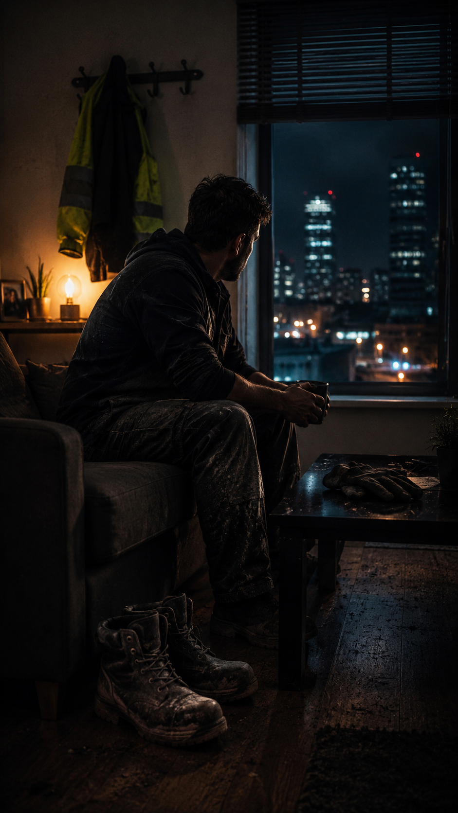 Cover artwork for FALKN's "After Hours" showing a construction worker returning home after work, sitting quietly and looking out over the city at night.