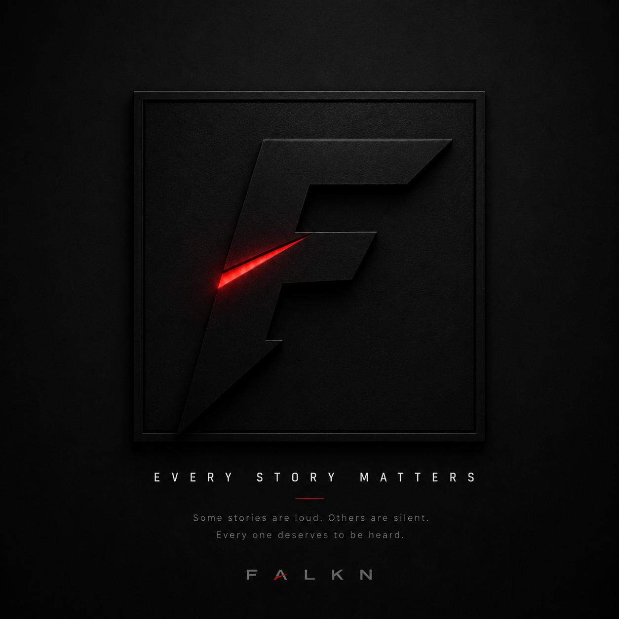 Futuristisches FALKN Logo mit rotem Akzent und dem Slogan "Every Story Matters" auf dunklem Hintergrund.
