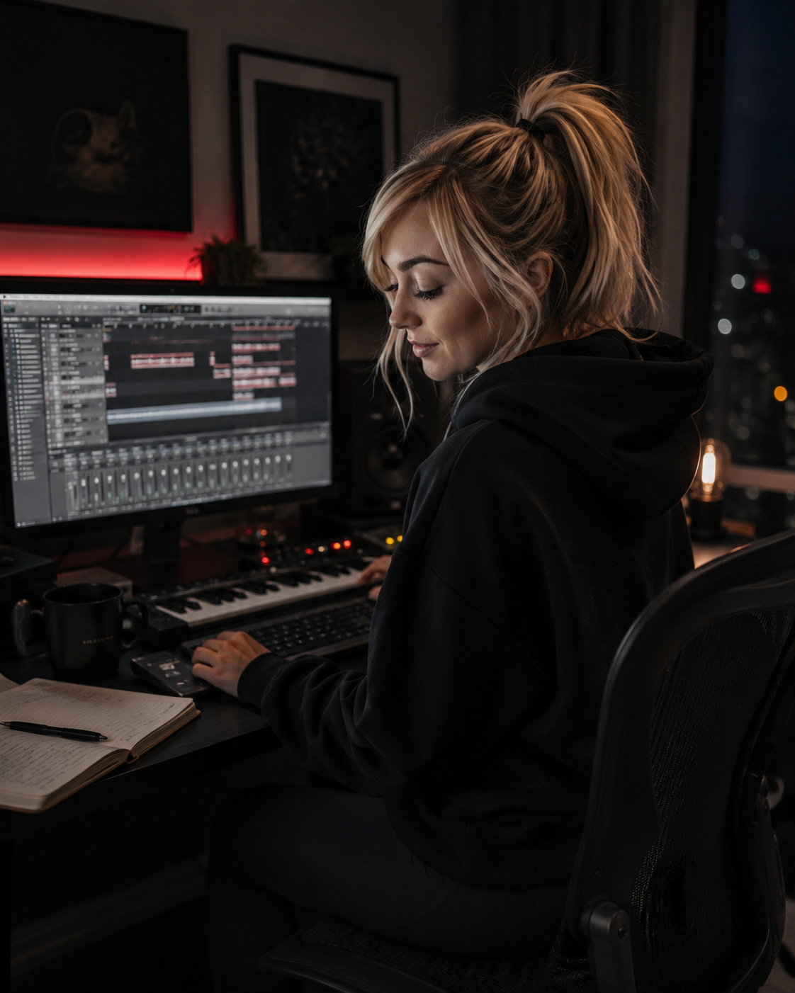 Eine Musikproduzentin arbeitet nachts in einem modernen Heimstudio an neuer Musik mit professioneller Musiksoftware und stimmungsvoller Beleuchtung.