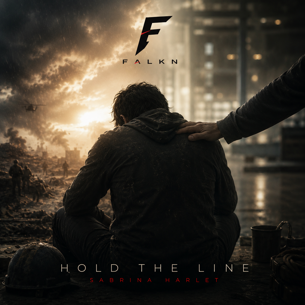 Album cover of Hold the Line by FALKN Studio showing a person sitting on the ground while a comforting hand rests on their shoulder, symbolizing hope, support and resilience.