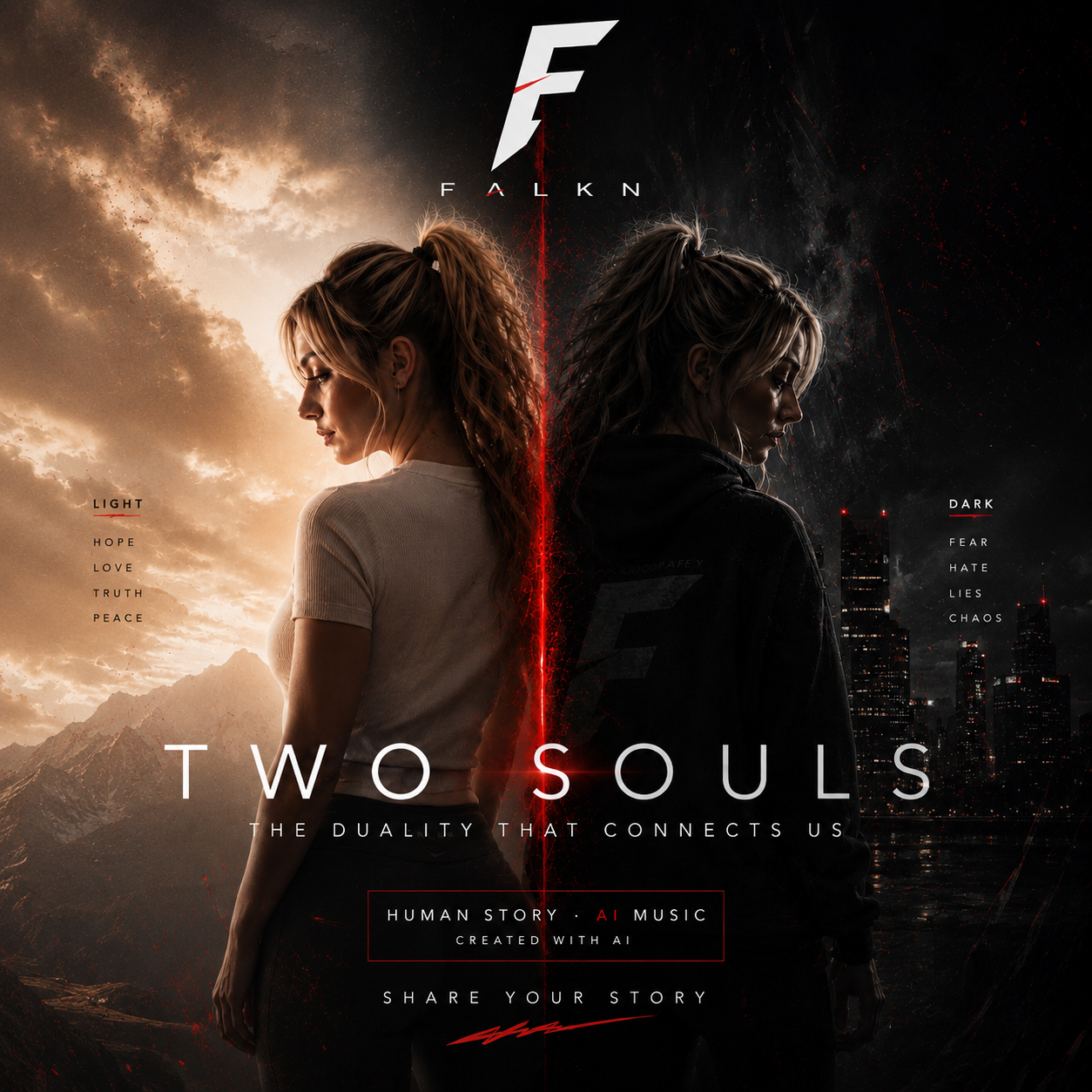 Album cover of "Two Souls" by FALKN Studio showing the same person divided into light and darkness, symbolizing the inner conflict between two sides of one soul.