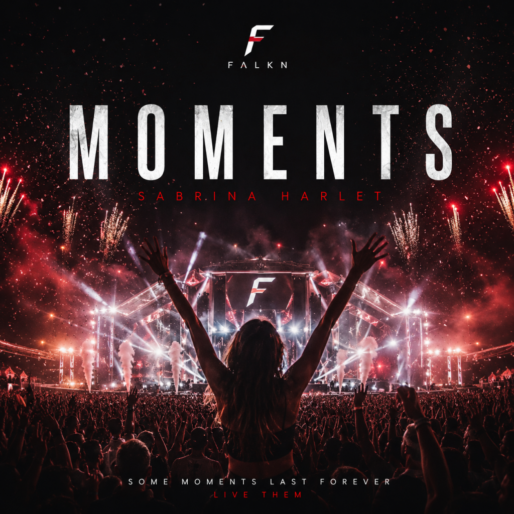 A woman standing in a glowing concert crowd on the official poster for Moments by Sabrina Harlet