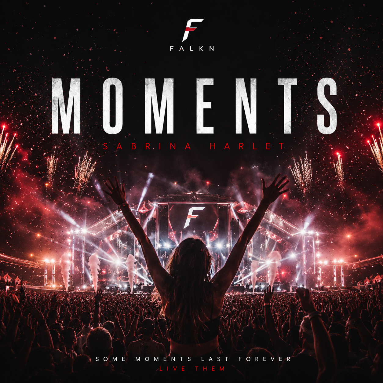 A woman standing in a glowing concert crowd on the official poster for Moments by Sabrina Harlet