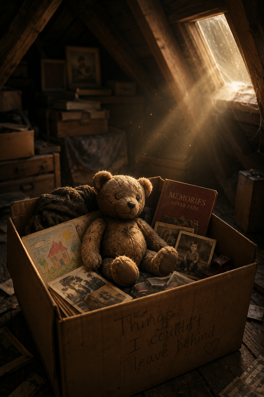 Alter Dachboden mit einem kleinen Teddybären in einer Erinnerungskiste. Das Bild symbolisiert die Geschichte hinter dem Song Tiny Bear von FALKN.