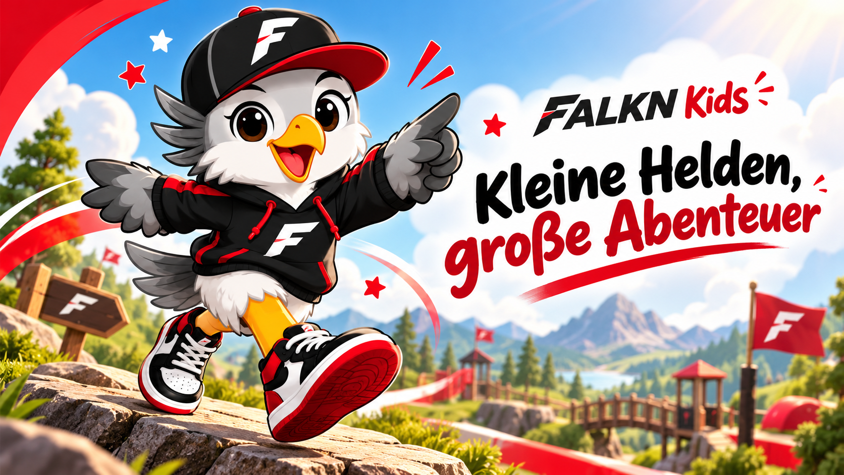 FALKN Kids Maskottchen auf Abenteuerreise mit dem Motto „Kleine Helden, große Abenteuer“